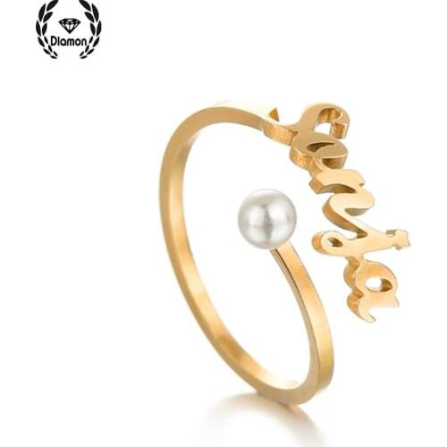 Customized Fashion Stainless Steel Name Open Size Ring Gold Personalized Letter Diamond Pearl Nameplate Jewelry Gift For Women