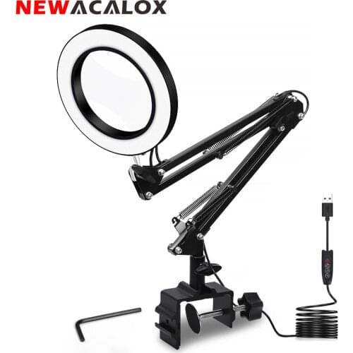 NEWACALOX Illuminated Magnifier 3 ColorUSB 5X Desk Lamp Magnifying Glass Soldering Third Hand Tool Flexible Reading Loupe