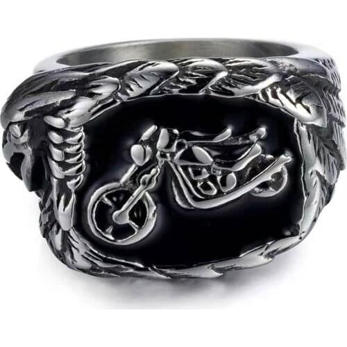 Punk Biker Boy Vintage Silver Plated Stainless Steel Men Fashion Ring Hip Hop Personality Retro Males Finger Ring Size 7-13