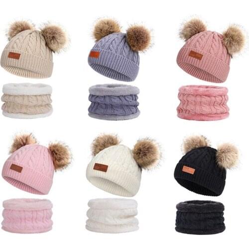2PCS Hat Scarf Set Beanie Winter Cap Childrens Hats Boys Girls Scarf Ball Pompon Keep Warm Winter Knitted Soft Hats Outdoor