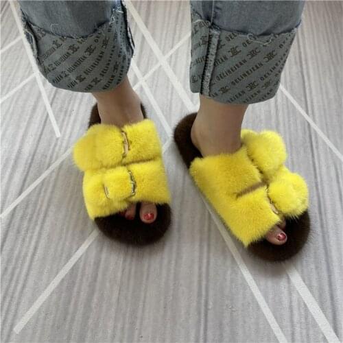 Mink Slippers Europe Stand Ladies Real Mink Slippers Fashion Ladies Furry Slippers Girls Flat Slippers Outside