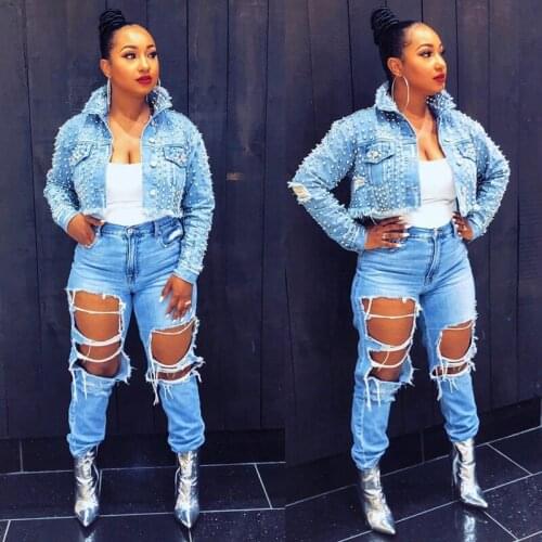 2021 Sexy Rivet Denim Jackets Women Hole Boyfriend Style Long Sleeve Vintage Jean Jacket Autumn High Street Short Denim Coat