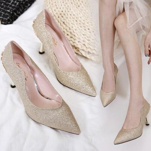 Metal decorative stiletto heels womens spring 2021 new sequined shallow mouth pointed stiletto high heel dress wedding shoes