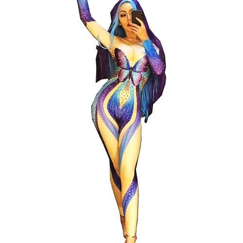 Rhinestones Sequins Jumpsuits Butterfly Pattern Printing Playsuits Nightclub Dance Show Wear Party Evening Festival Outfit Women