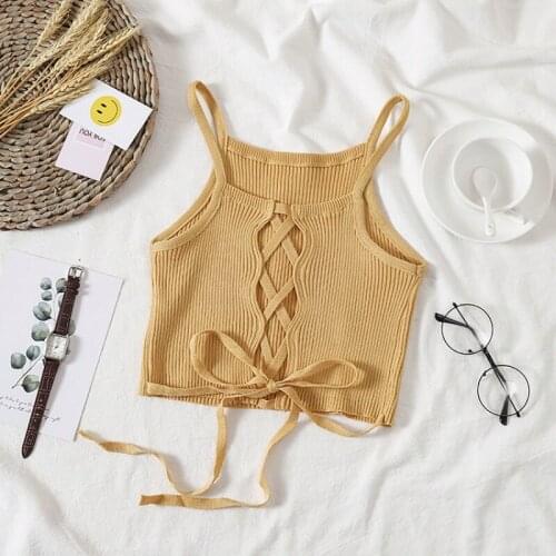 Women Crop Top Knitted Bandage Tops Spaghetti Club Camis Halter Tank Top Female Bare Midriff Solid Camisole 2020 Summer