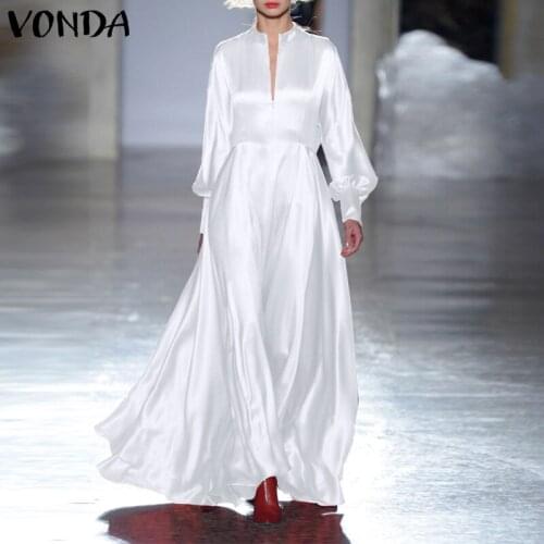 Satin Dress VONDA 2021 Women Long Sleeve V Neck High Waist Maxi Dresses Casual Long Robe Bohemian Vestidos S- Sundress