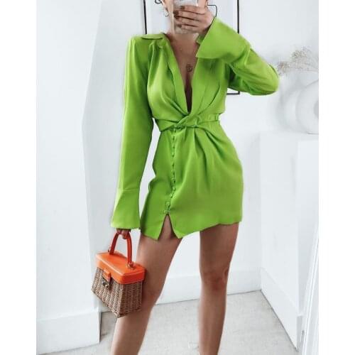 Za 2021 Shirt Dress Woman Green Short Summer Dresses Women Long Sleeve Mini Wrap Dress Fashion Button Elegant Dresses