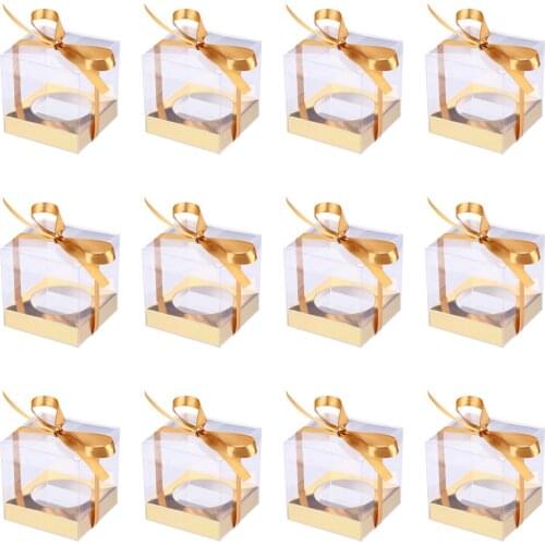 12pcs Dessert Packing Boxes PVC Baking Boxes Clear Cupcake Boxes with Ribbon