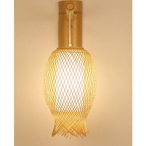 Bamboo Wicker Rattan Lantern Wall Lamp Fixture Rustic Asian Japanese Creative Sconce Light Luminaria Bedroom Living Room Hallway