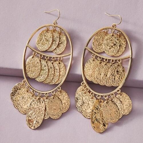 Docona Bohemian Gold Color Sequin Tassel Drop Earrings for Women Trendy Big Round Earrings Fashion Weddings Charm Jewelry 10036