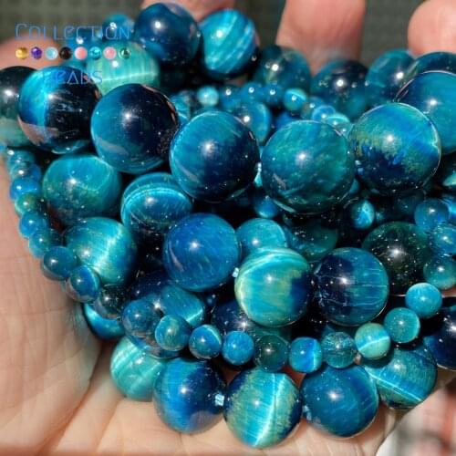 Natural Blue Tiger Eye Stone Spacer Loose Round Beads For Jewelry Making 4-12 MM DIY Bracelets Accessories 15" Wholesale