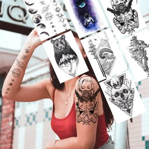Black Gangster Temporary Tattoos Sticker Realistic Fake Geometric Planets Death Skull Tatoos For Women Men Body Art Arm Tattoos
