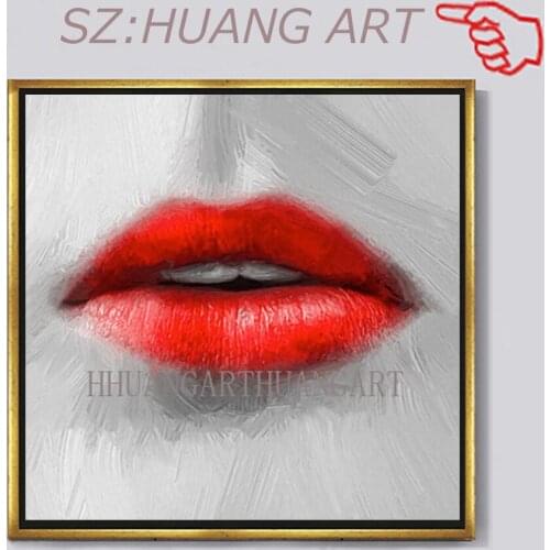 Pure Hand-painted High Quality Modern Wall Art Red Lip Oil Painting on Canvas Modern Red Lip Kiss Oil Painting for Friend Gift