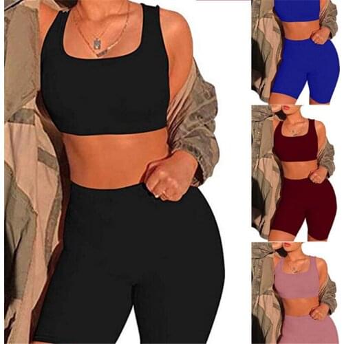 2PCS Women Ladies Solid Skinny Slim Sleeveless Crop Top Shorts Casual Summer Sports Running Set