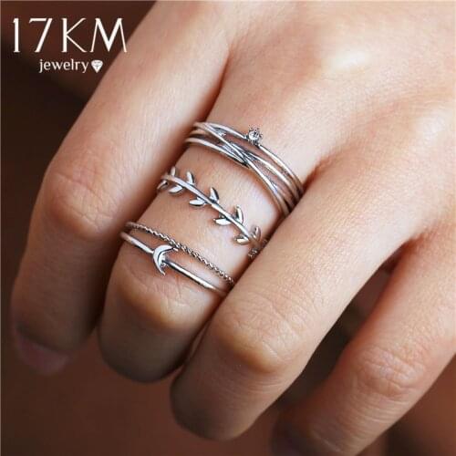 17KM Vintage Gold Multilayer Rings Set For Women Leaves Moon Crystal Finger Rings Fashion Female Jewelry Gifts