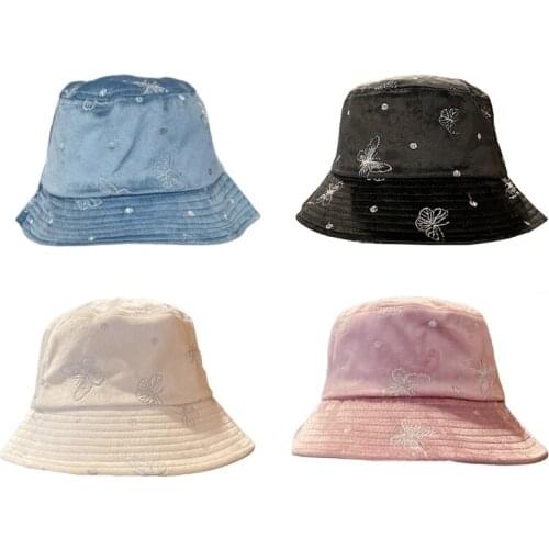 Korean Women Winter Warm Velvet Bucket Hat Shiny Butterfly Embroidered Wide Brim Sunscreen Adjustable Panama Fisherman Cap