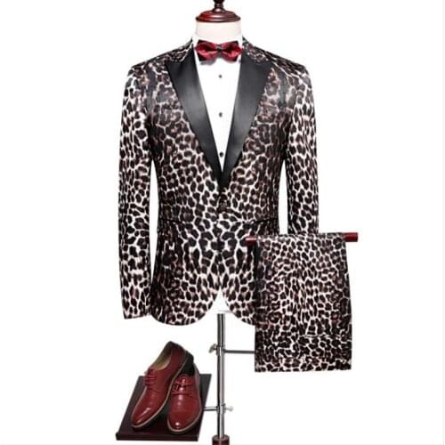 Mens Slim Suits Vintage Leopard Dress Party Suit Trousers Suits Lapel Slim One Button Two-piece Suits