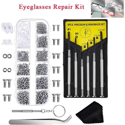 Eyeglasses Repair Kit 1100Pcs Small Screws and Nose Pads Set with 6 Pcs Screwdrivers for Glasses Eye Glasses and Sunglasses Rep