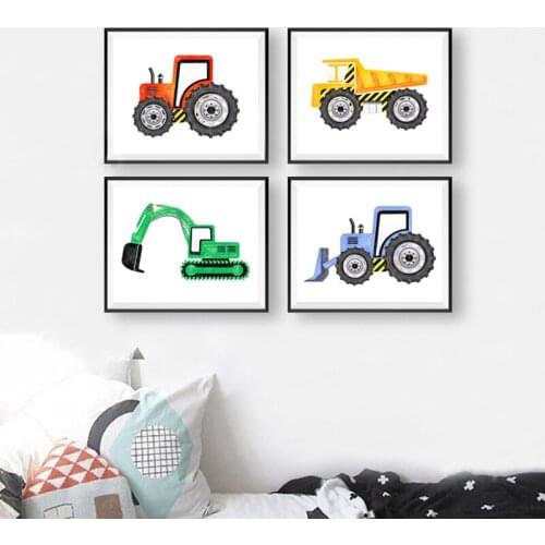 Boys Gift Construction Vehicles Painting Wall Pictures Excavator Dump Truck Bulldozer Tractor Canvas Art Prints Kids Room Decor