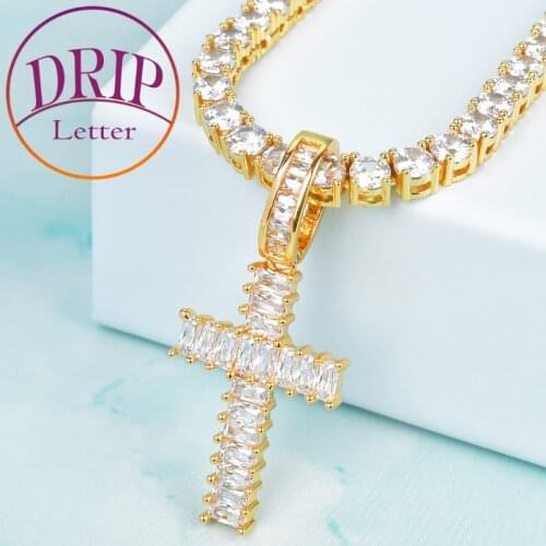 Baguette Cross Gold Color AAA Cubic Zircon Mens Hip Hop Pendant Necklace Rock Jewelry