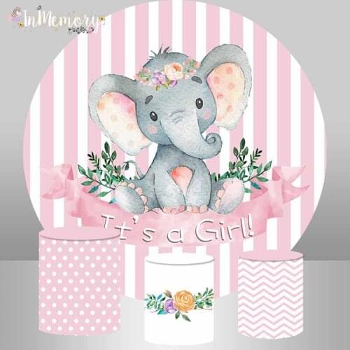 Pink Stripes Baby Elephant Circle Round Backdrop Cover Flowers Girl 1st Birthday Party Candy Table Banner Decoration Background
