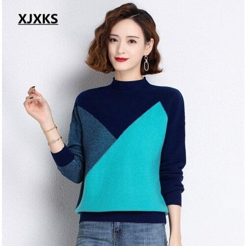 XJXKS Sweater Mujer Splicing Turtleneck 100% Wool Soft Long Sleeve Loose Knitted Pullover Sweater For Women Tops