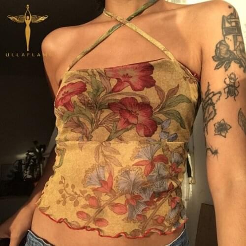 Halter Bandage Crop Tops Womens Vintage Print Y2K Camisole Summer Sexy Backless Floral Skinny Tank Top Femme Street Tank Camis