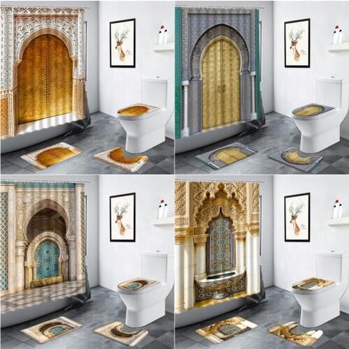 Vintage Moroccan Door Shower Curtain Set Retro Bohemian Mandala Pattern Decor Fashion Bathroom Carpet Anti-slip Toilet Bath Mats