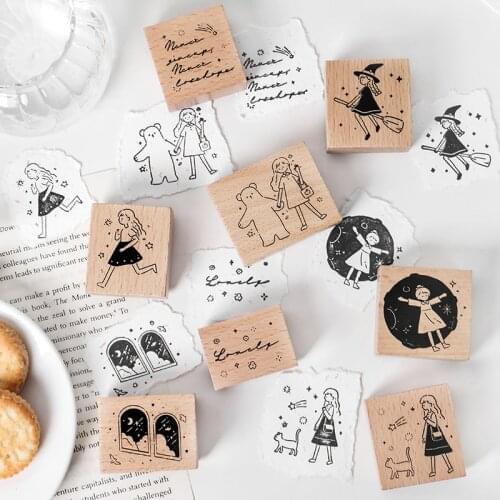 Vintage Magic Girl Cat Stamp DIY Wooden Rubber Stamps For Scrapbooking Stationery Scrapbooking Standard Stamp