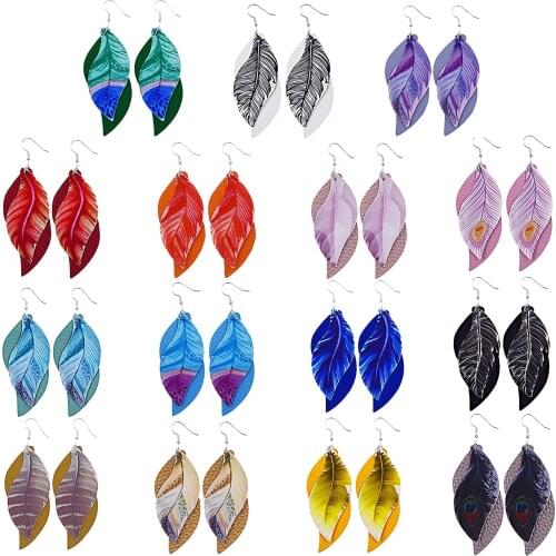 Vintage Feather PU Leather Drop Earrings Leaf Shape Double layer Multicolor Women Wedding Party Charms Fashion Jewelry Gifts