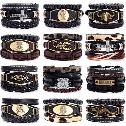 Vintage Cross Badge Multilayer Leather Bracelet Men Fashion Braided Handmade Black Rope Wrap Bracelets & Bangles Male Gift