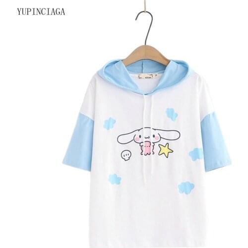 Women Cotton Patchwork Hooded Casual T Shirts 2021 Summer Girl Cute Cartoon Print Short Sleeve Harajuku T shirt 2115534