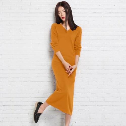 Womens Dresses Solid Full Sleeve V-Neck A-Line Mid-Calf Soft Cashmere Knitted Warm Autumn Winter Female Slim Long Dress