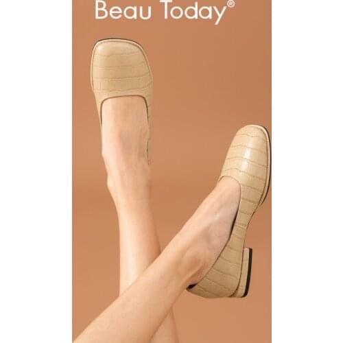 BeauToday Flats Women Cow Leather Loafers Stone Pattern Square Toe Slip on Shallow Concise Ladies Shoes Handmade 18052