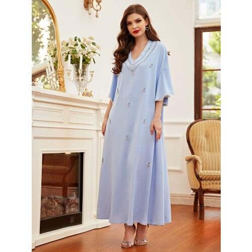 2021 Light Blue Hand-Stitched Diamond Loose 5-Point Sleeve Lace Sleeve Robe Ladies Long Skirt Casual Dress Muslim Peignoir Robes