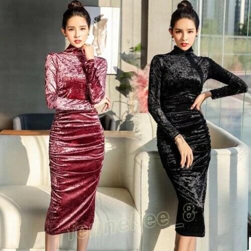 Ladies Velvet Slim Turtleneck Long Sleeve Cocktail Gown Party Dress Cheongsam XJ