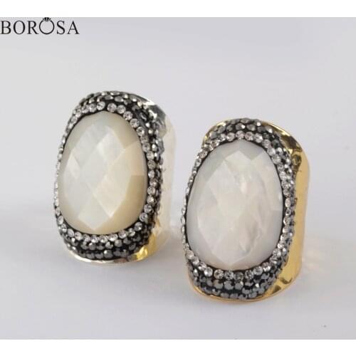 BOROSA Big Stone Ring Natural White Shell Ring Mother of Pearl Ring Cubic Zirconia Ring Rhinestone Ring for Women Jewelry JAB976