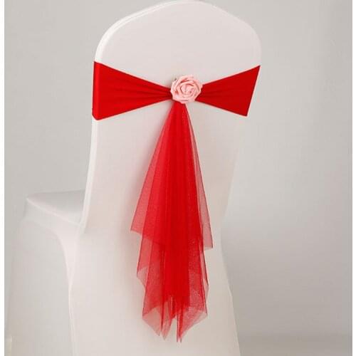 1PCS Elastic Bowknot Chair Sash With Artificial Rose for Wedding Banquet Party Decorations