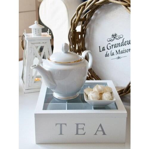 White Natural Bamboo Tea Box With Lid 9-Compartment Coffee Tea Bag Wood Exquisite Tea Storage Holder Organizer For Kitchen