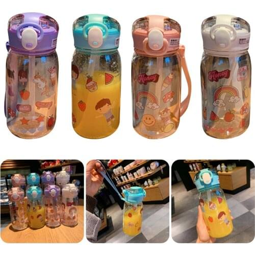 400ML Kids Plastic Water Bottle with Straw Cute Patterns Leak Proof Flip Top Lid Plastic Drinking Bottle Portable Carry Handle