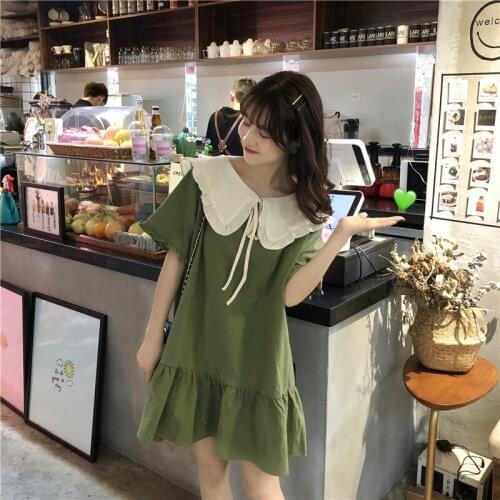 Focal20 Streetwear Solid Color Lady Dress Doll Collar Lace Up Short Sleeve High Waist Spring Summer Women Dress