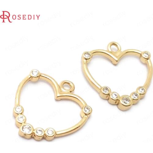 39097)10PCS 15x14MM 24K Gold Color Brass and Zircon Heart Charms Pendants Jewelry Making Supplies Diy Findings Accessories