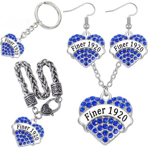 Hot Greece society sorority ZETA PHI BETA Finer 1920 tag jewelry set crystal inlaid heart metal pendant earrings necklace bangle