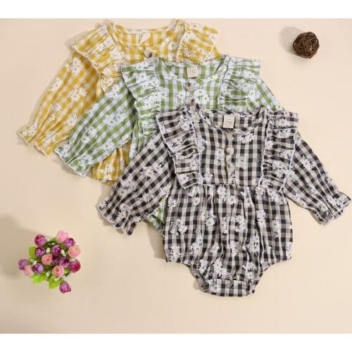 FOCUSNORM 3 Colors 0-24M Sweet Baby Girl Rompers Daisy Flower Plaid Printed Ruffles Long Sleeve Jumpsuit