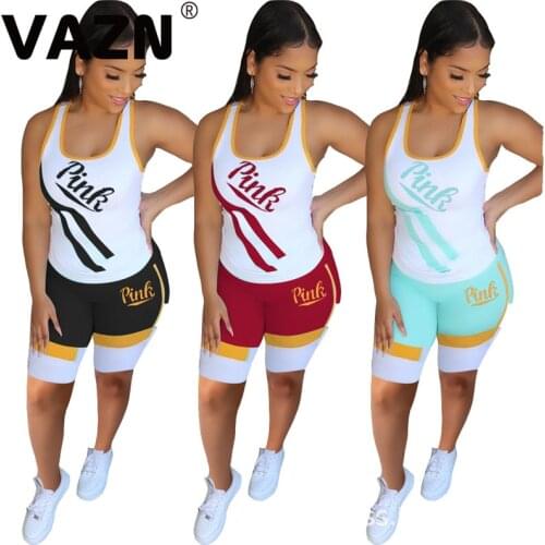 VAZN New 2020 Street Women Set Ladies Tracksuit Sleeveless Short Bandage Pencil Pant 2 Piece Set Casual Female Street Wind Sets