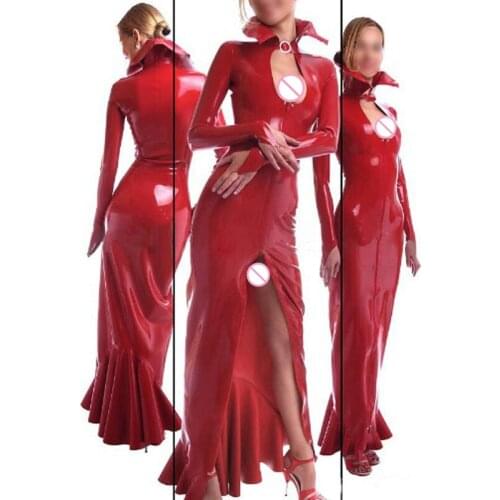 Handmade Red Latex Rubber Slit Dresses Full Sleeve Mermaid For Party Wear Gummi