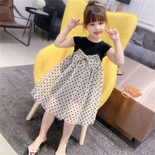 3-12Y Teens Childrens Dresses for Girls Princess Sleeveless Wave Point Bow Dress Summer Kids Fashion Clothing