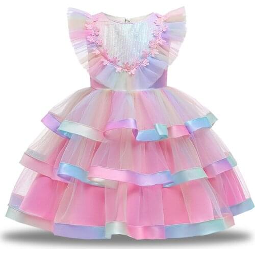 Summer Colorful 3-Tier Cake Girls Dress Flower Children Clothes Party Wedding Princess Dresses Kids Baptism Costume 4 8 Years