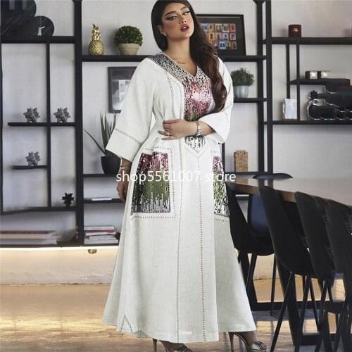 Moroccan Kaftan Embroidery Sequin Dress Abaya Muslim For Women Ramadan Arabic Oman Turkey Dubai Kimono Robe Ethnic Jalabiya 2021