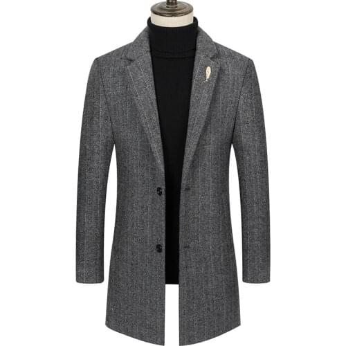 Mens Long Wool Coat Men Fashion Vertical Stripes Thick Coat Winter Autumn Casual Slim Fit Woolen Coat Male SA996